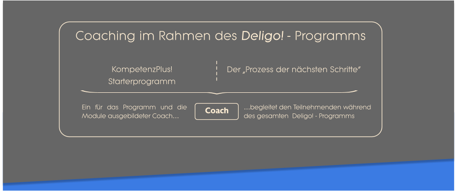 Der „Prozess der nächsten Schritte“ KompetenzPlus! Starterprogramm Coaching im Rahmen des Deligo! - Programms Coach Ein für das Programm und die Module ausgebildeter Coach… …begleitet den Teilnehmenden während des gesamten  Deligo! - Programms